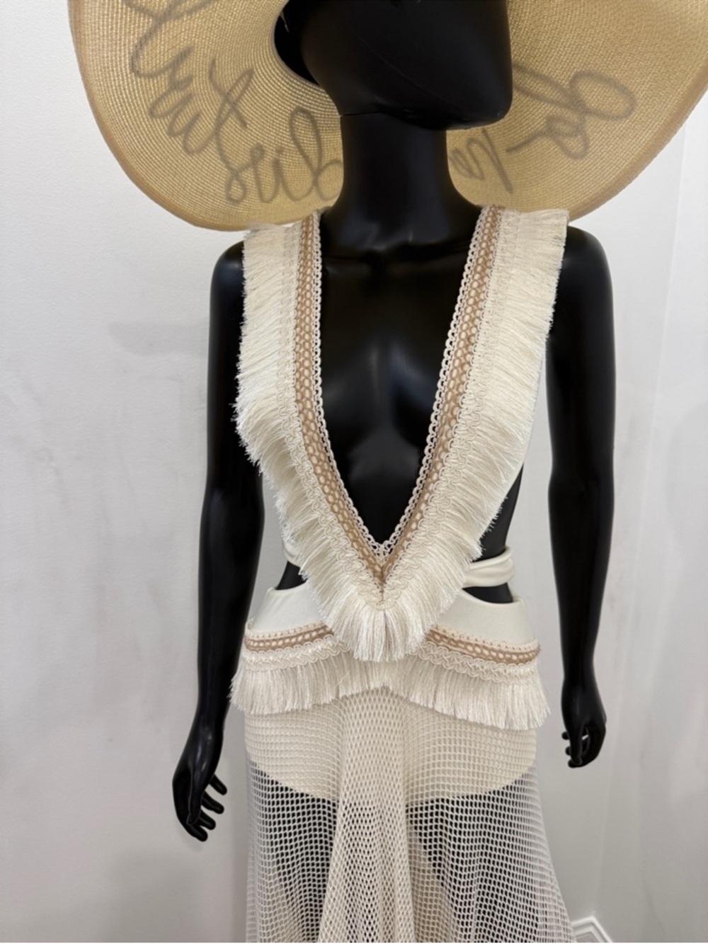 PatBO Ivory Fringe Crochet Cutout Maxi Dress | Resort Beach Goddess | S - Picture 6 of 12